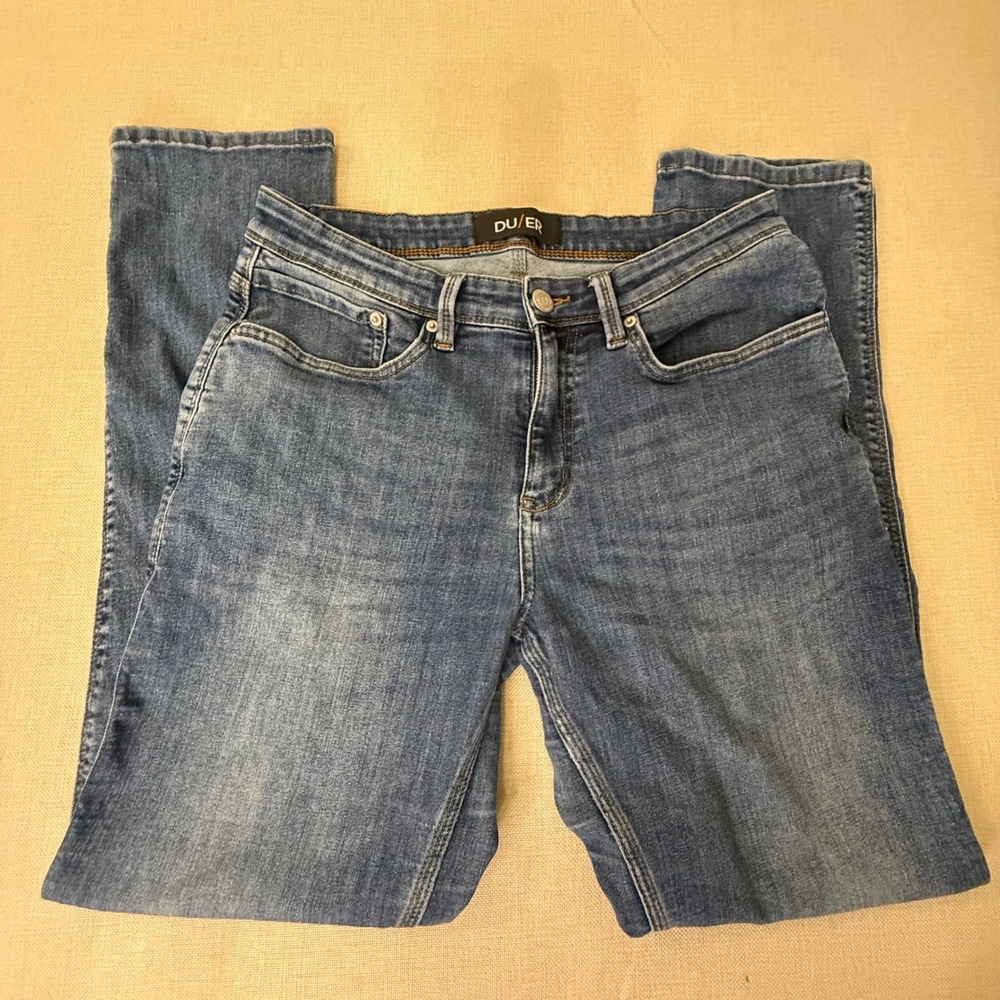 DU/ER Performance Denim Jeans Mens Medium Wash Blue Slim Straight 31x31.5